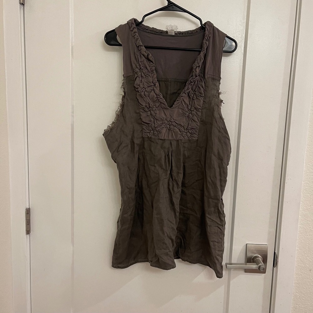 Isda and Co Linen Brown Fringe Blouse at Neck Tunic Boho Cottagecore Breathable